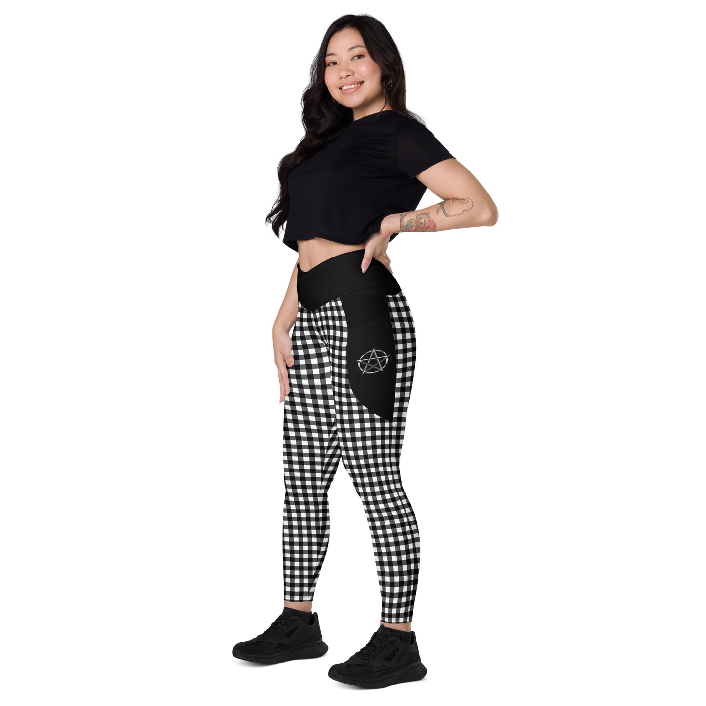 Crossover leggings with pockets Checkered Black