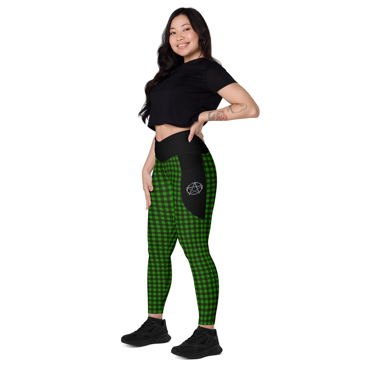 Crossover leggings with pockets Checkered Green