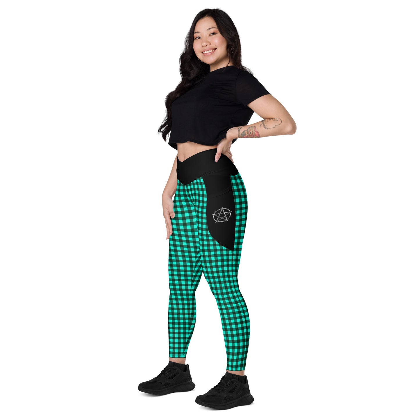 Crossover leggings with pockets Checkered Dirty Green