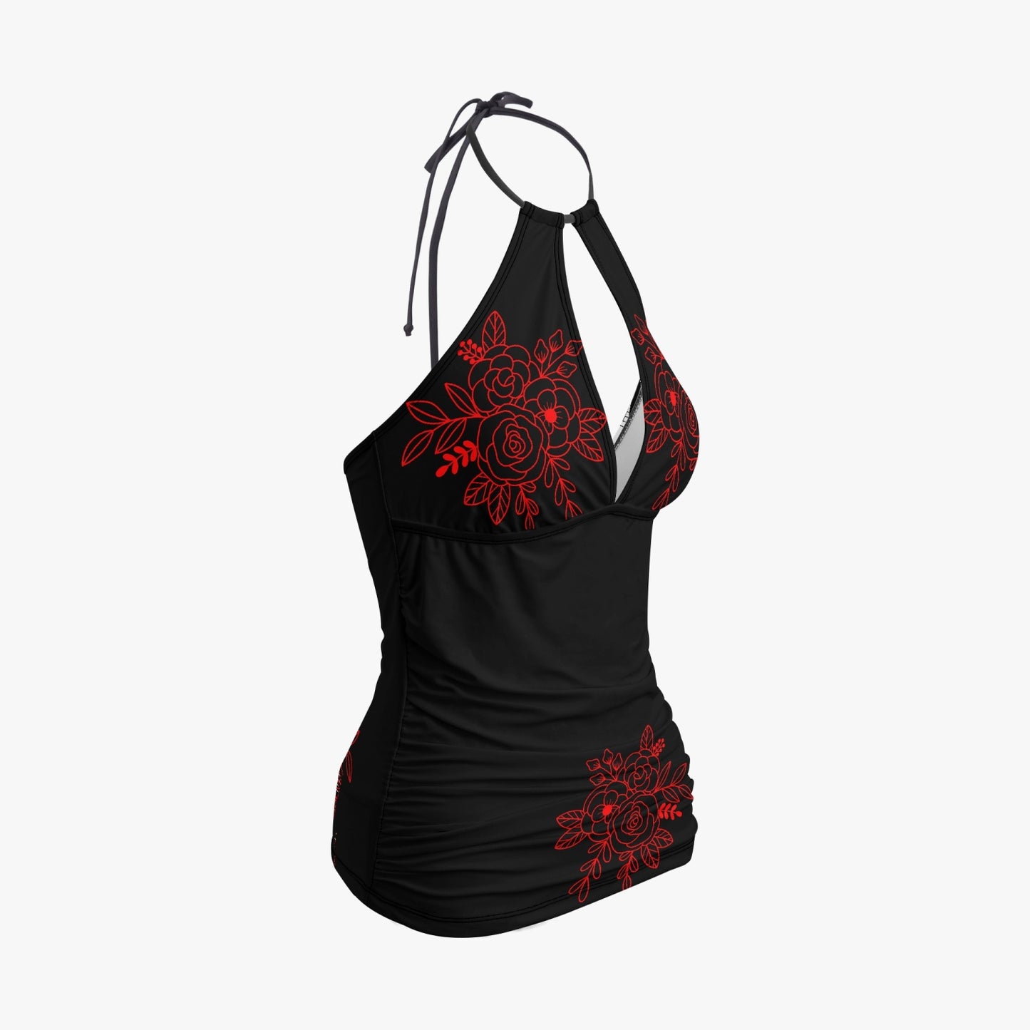 Dark Red flower Halter Top Two-Piece Tankini Swimsuit