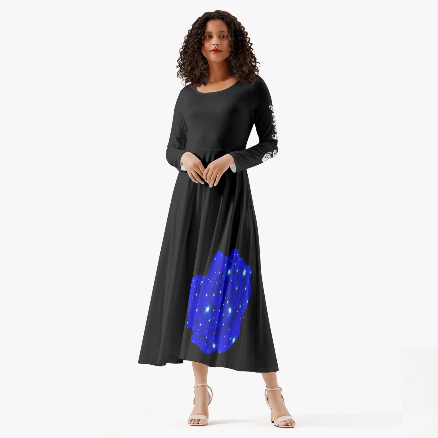 Midnight Blue Rose Simple Dress Long