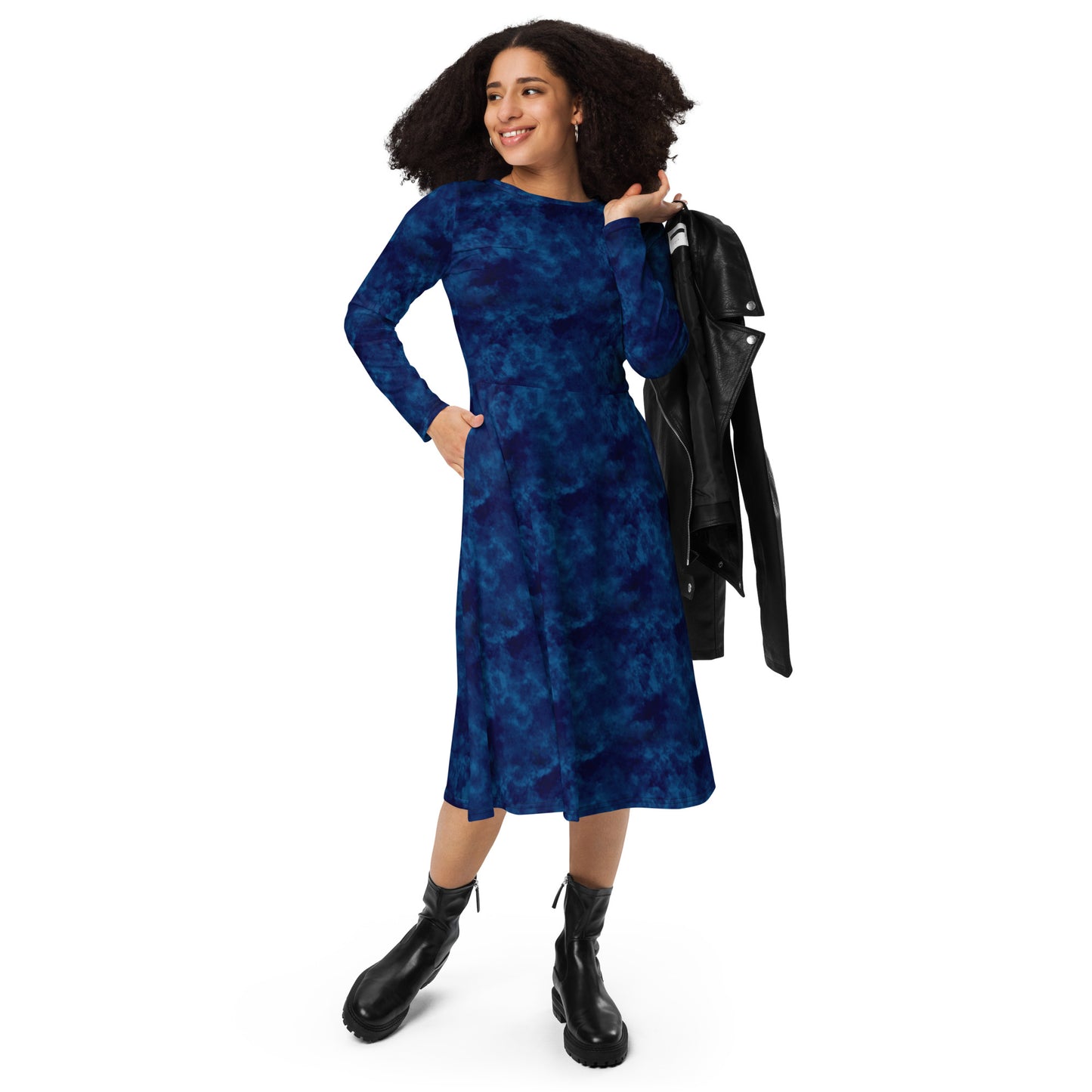Midnight Blue Plain long sleeve midi dress
