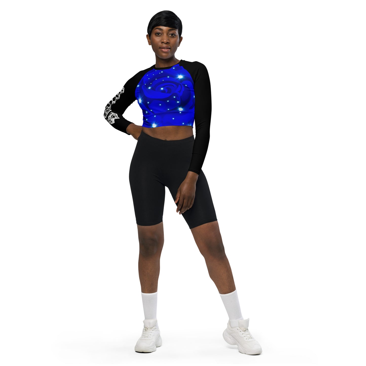 Midnight Blue Rose long-sleeve crop top