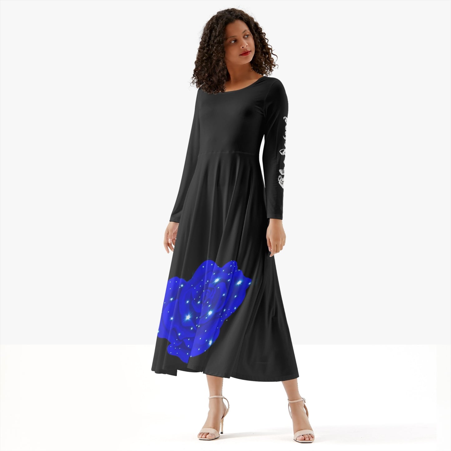 Midnight Blue Rose Simple Dress Long