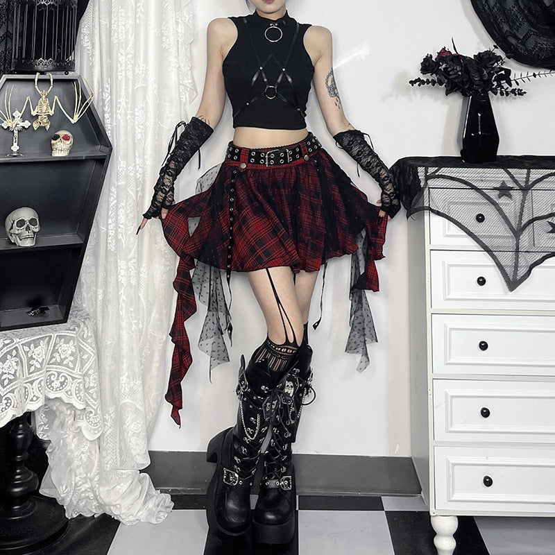 "Dark Me" Black Plaid Polka-Dot Mesh Skirt