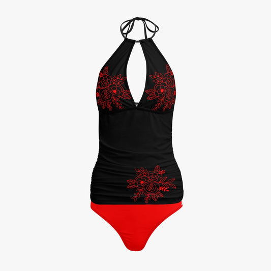 Dark Red flower  Halter Top Two-Piece Tankini Swimsuit