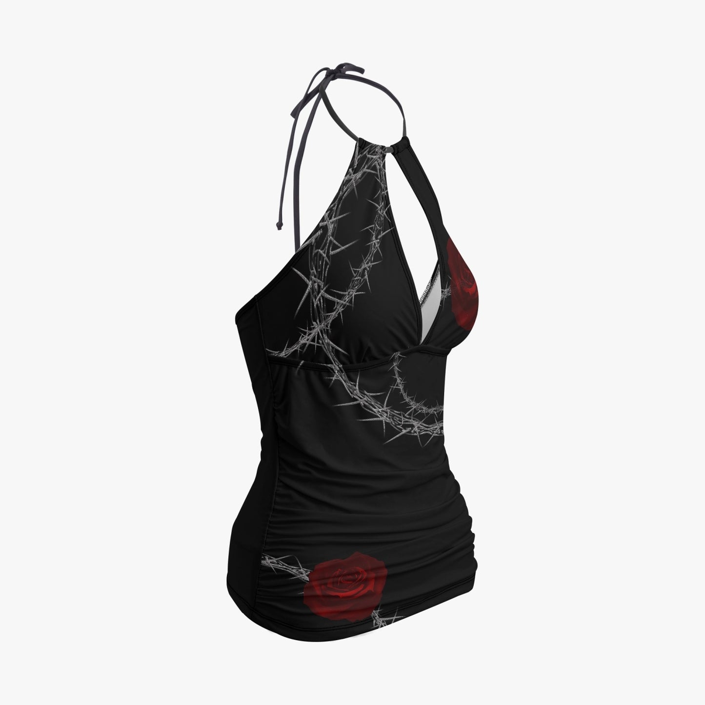 Black Red Roses Halter Top Two-Piece Tankini Swimsuit