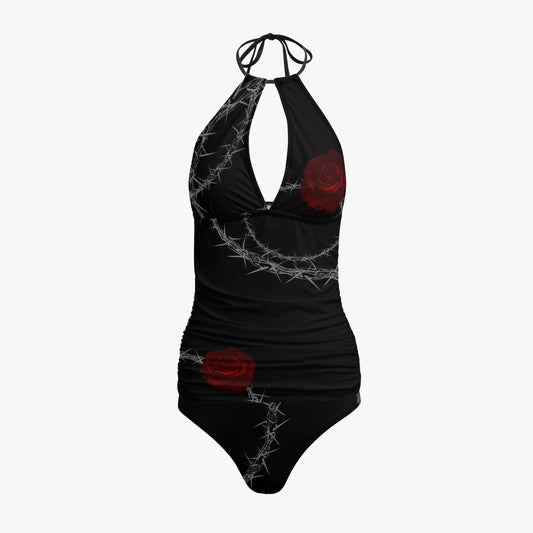 Black Red Roses Halter Top Two-Piece Tankini Swimsuit