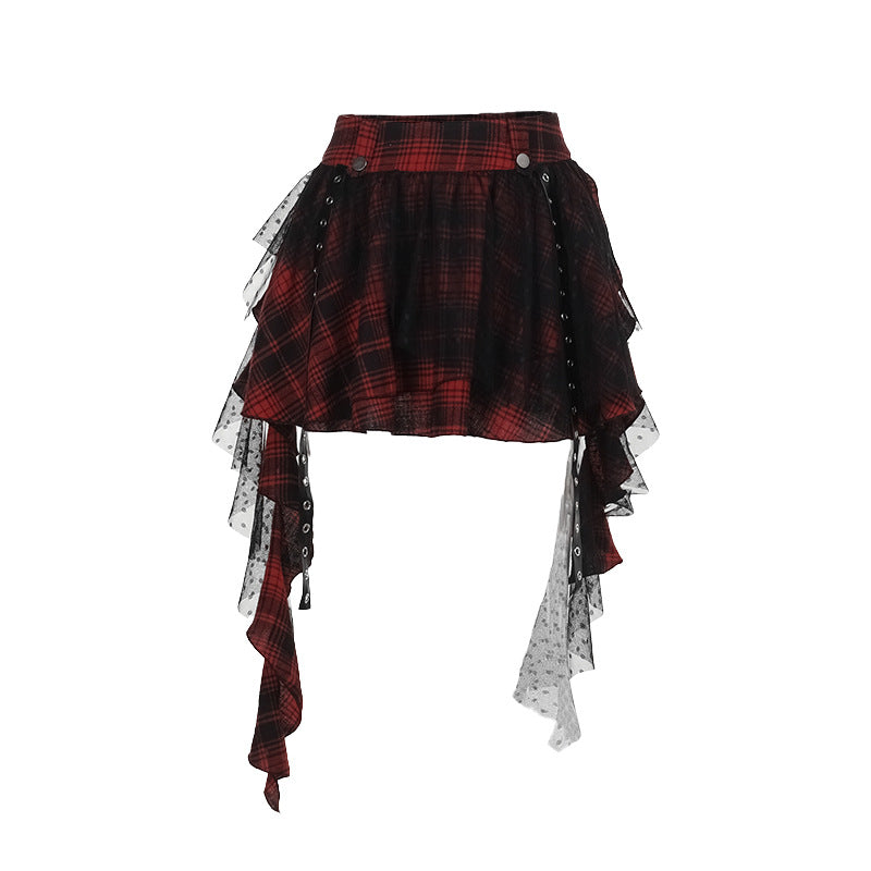 "Dark Me" Black Plaid Polka-Dot Mesh Skirt