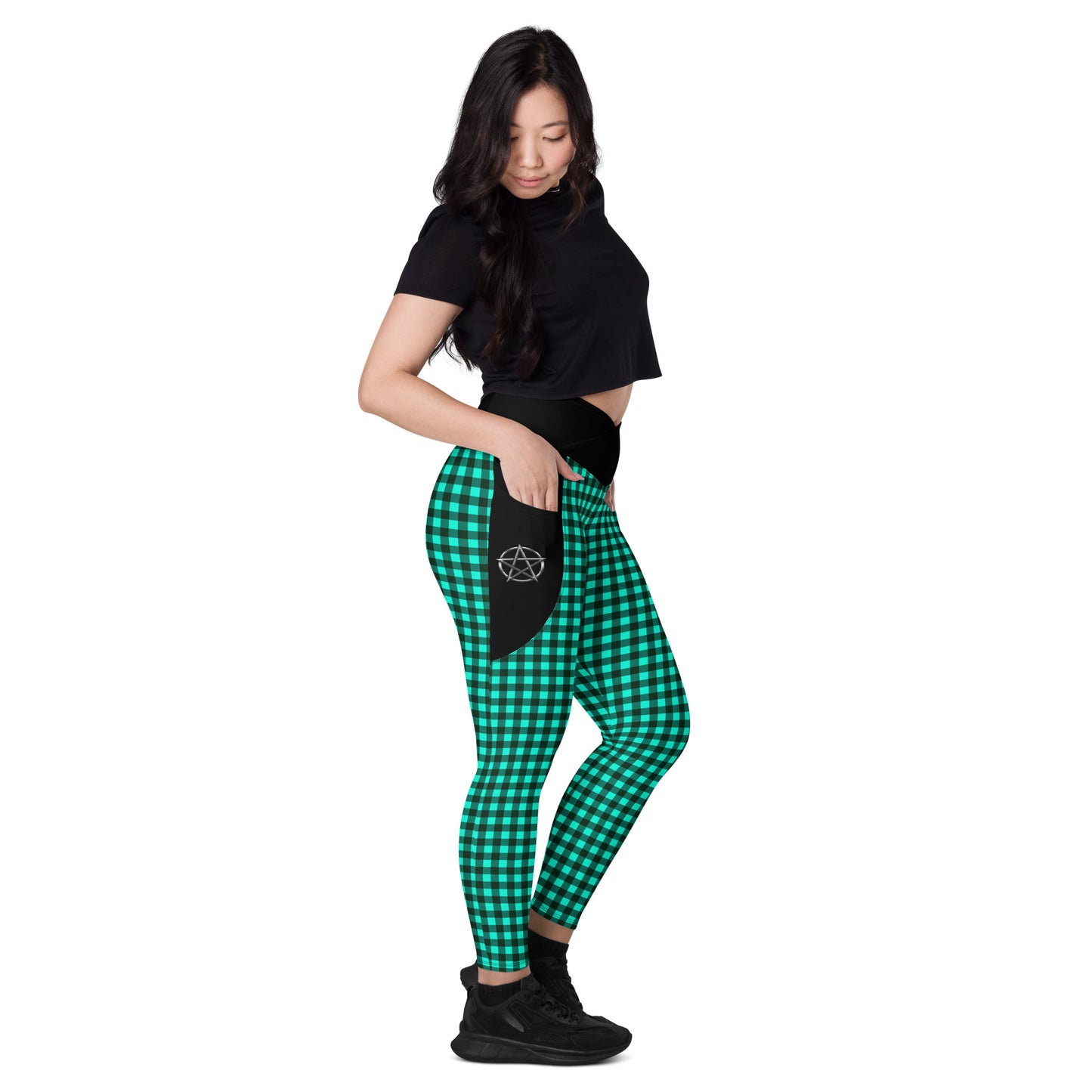 Crossover leggings with pockets Checkered Dirty Green
