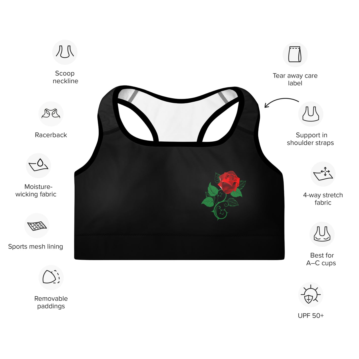 Rose Black Padded Sports Bra