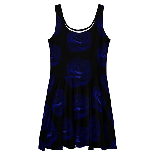 Dark Blue Rose Skater Dress Black