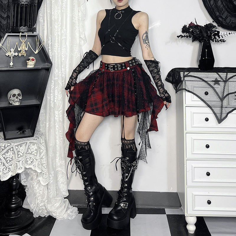 "Dark Me" Black Plaid Polka-Dot Mesh Skirt
