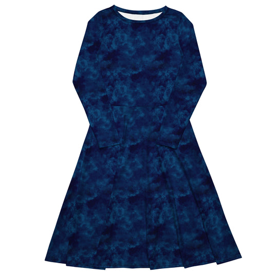 Midnight Blue Plain long sleeve midi dress