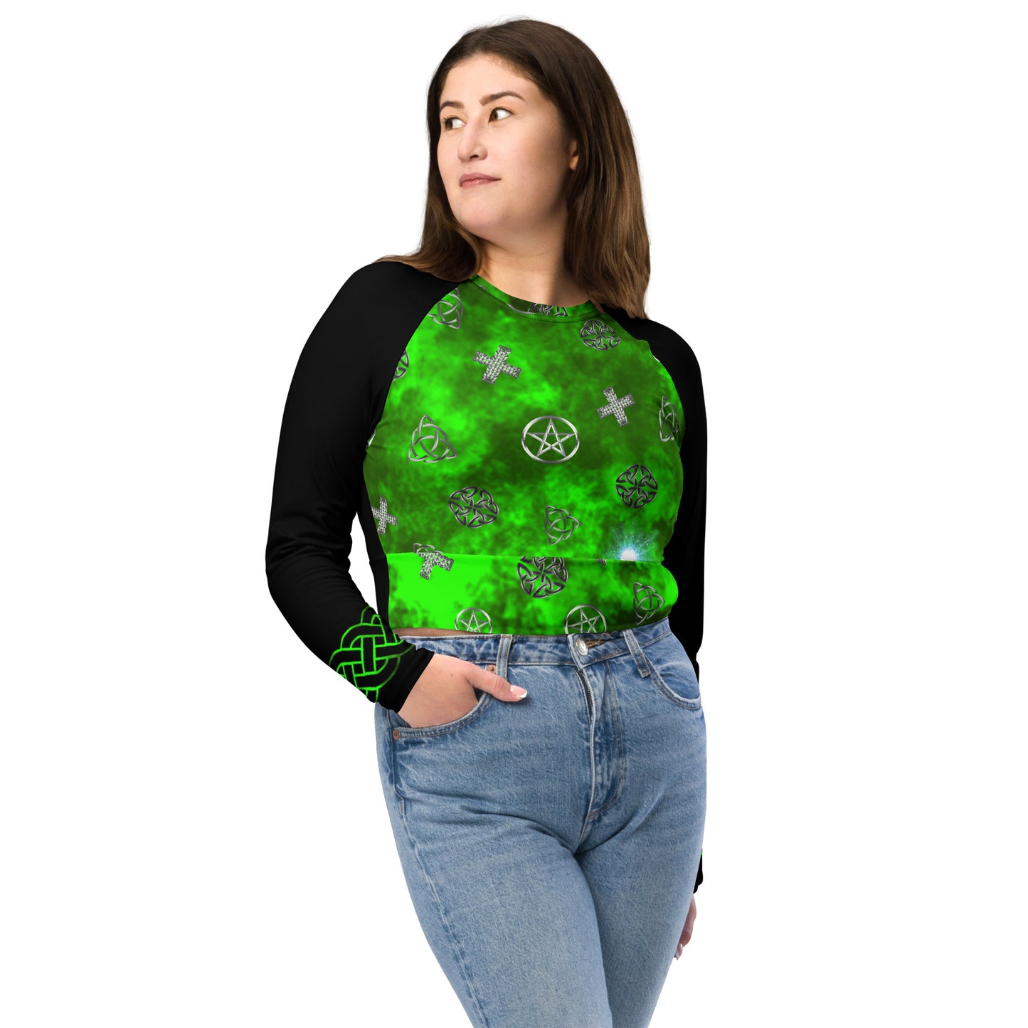 Wicca Green Pattern long-sleeve crop top