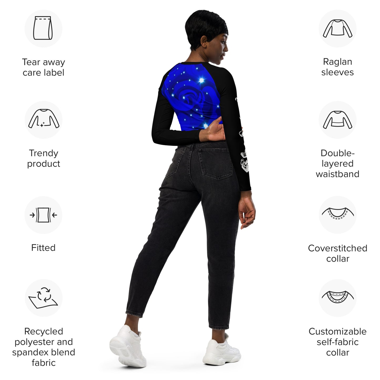 Midnight Blue Rose long-sleeve crop top